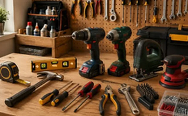 Herramientas eléctricas y manuales sobre una mesa de trabajo